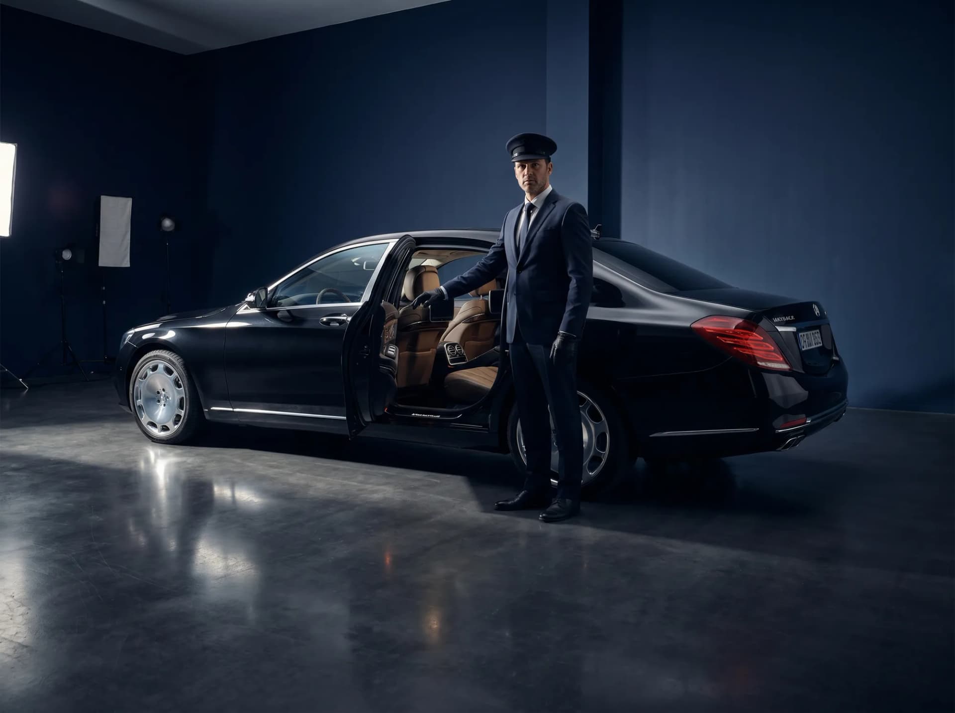 Black Transfer chauffeur beside a black executive vehicle